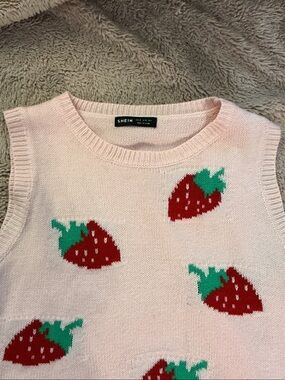 SHEIN Pink Strawberry Knit Crop Tank Top with Red & Green Accents